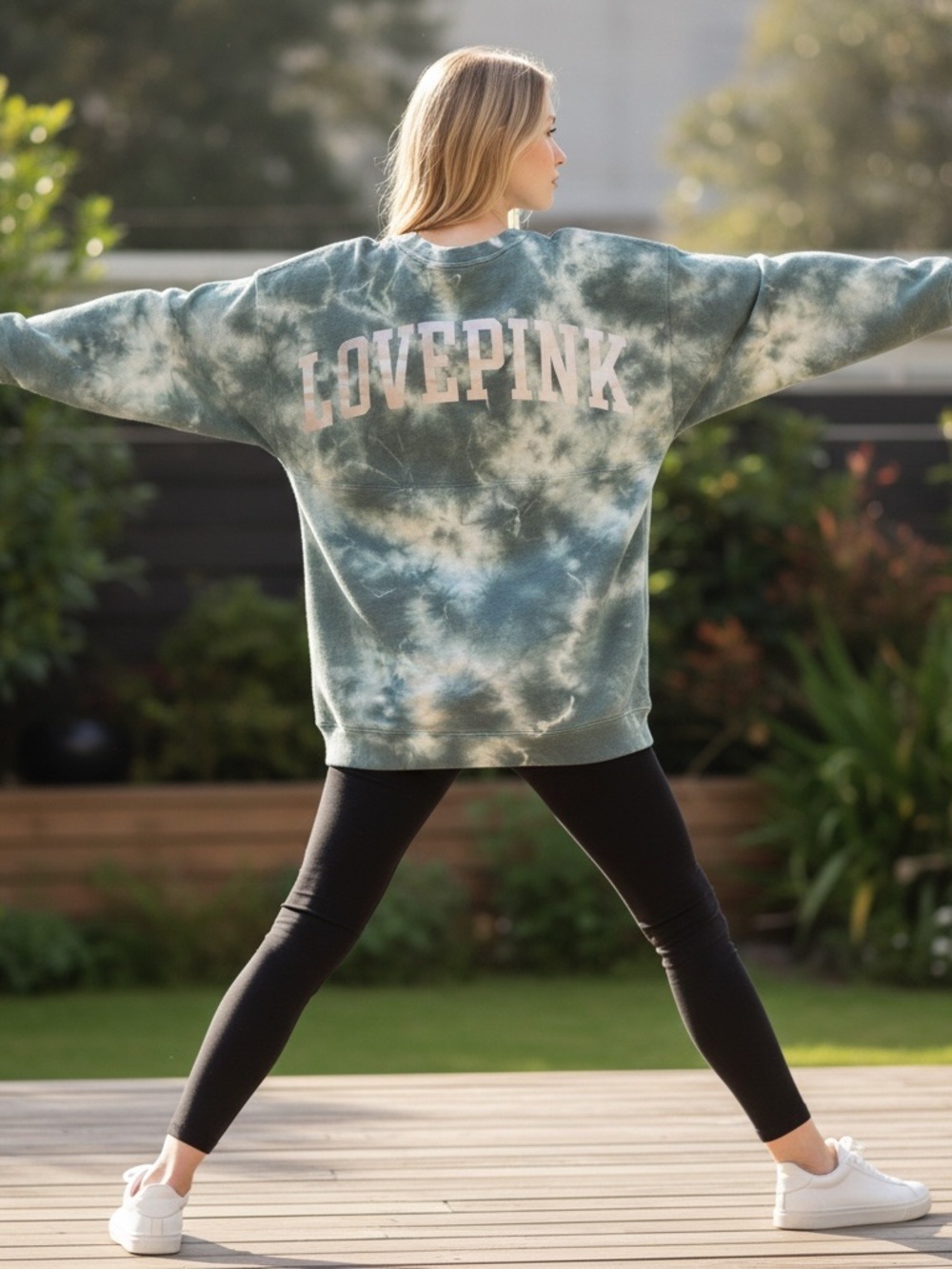 PINK Victoria's Secret Tie-Dye 'LOVE PINK' Crewneck Sweatshirt - Green & White